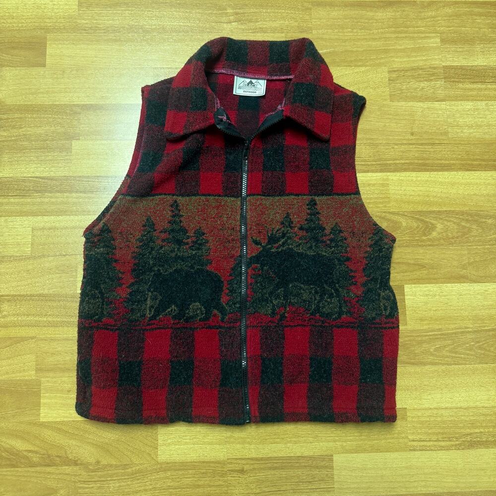 Women's Vintage Black Mountain Red Checkered Fleece Nature Zip Up Vest Sz Small